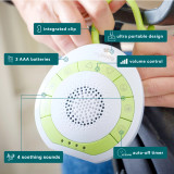 integrated clip, ultra portable design, 3 AAA batteries, volume control, 4 soothing sounds, auto-off timer