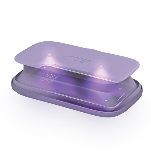 Purple | Angled view of the purple Homedics UV CLEAN Portable Phone Sanitizer with x-ray of phone inside