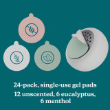 24-pack, single-use gel pads 12 unscented, 6 eucalyptus,6 menthol