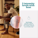man sitting enjoying his Homedics Real Relief Calf Compression Massager.  Close up view of the heat therapy